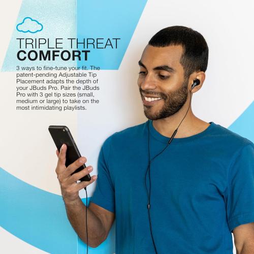 JLab JBuds Pro Signature Wired Earbuds, USB-C Connection, Music Controls, Universal Mic, Custom Fit with Cush Fins, Black