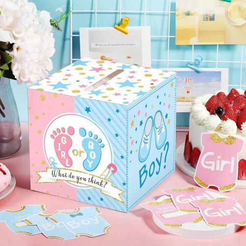 Saintrygo Baby Gender Reveal Voting Box with 50 Pieces Boy or Girl Ballot Cards Baby Shower Decorations Party Invitations and Voting Games Gender Reveal Party Supplies(Pink, Blue)