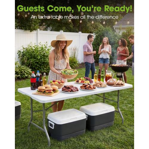 Pureegg 6FT Folding Table - No Assembly Required, Versatile Dining Table with Carrying Handle & Tabletop Safety Lock, Portable Foldable Table for Party, Craft, Camping, Picnic, White