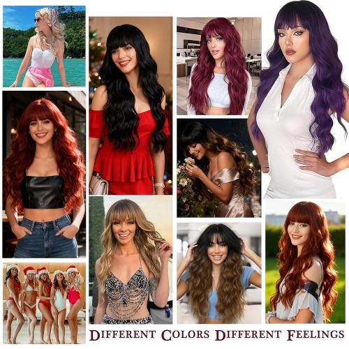 Ginger Orange Wigs with Bangs for Women Long Curly Auburn Wavy Wigs Heat Resistant Synthetic Bangs Wig for Daily Party Use (Ginger Orange, 26 Inches)