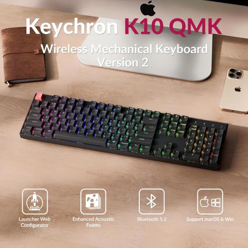 Black Keychron K10 Full Size Layout Bluetooth Wireless/USB Wired Mechanical Gaming Keyboard for Mac with Keychron Super Banana Switch/RGB Backlight 104 Keys Computer Keyboard for Windows Laptop(Version 2)