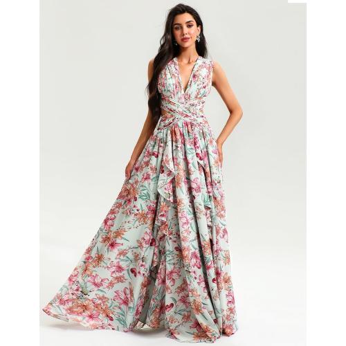 Size M Tsukko Maxi Flora Vacation Dress Sleeveless Backless Ruffle Pleated for Women Cutout Chiffon