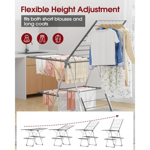 Sakugi Clothes Drying Rack, Foldable 2-Level Laundry Drying Rack with Height-Adjustable Wings, for Clothing & Bedding, Free-Standing Space-Saving Rack, Indoor & Outdoor, 55.5 L × 22.8 W, Gray