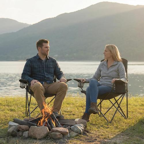 ALPHA CAMP Camping Chairs 350LBS Capacity, Heavy Duty Folding Chair with 4-Can Cooler Bag, Portable Outdoor Chair with Cup Holder for Adults, Collapsible for Tailgating, Beach, Fishing,Black,2PC