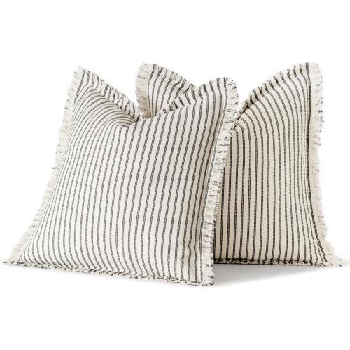 MIULEE Gray Pack of 2 Pillow Covers 18x18 Inch Striped Farmhouse Couch Throw Pillow Covers with Fringe Chic Linen Decorative Cushion Covers for Sofa Living Room Bed Outdoor Home Decor