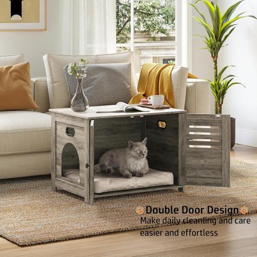 DINZI LVJ Litter Box Enclosure, Cat Litter House with Louvered Doors, Entrance Can Be on Left or Right Side, Spacious Hidden Washroom for Most of Box, Furniture Cabinet, Gray Wash