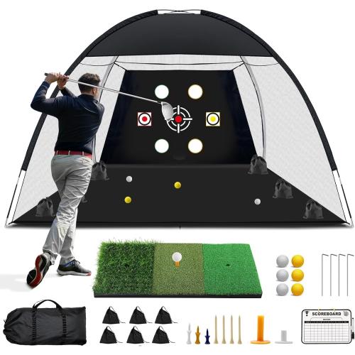 Golf Net, 10x7 Ft Practice Hitting Golf Net with Tri-Turf Mat, Ball, Tee, and Carring Bag, All-in-One Multi-Target Training Aid for Outdoor/Indoor Chipping & Driving, Ideal Gift for Men/Enthusiasts