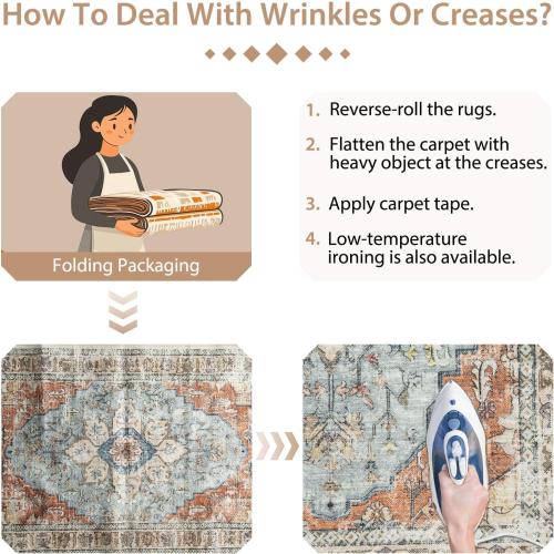 BESTSWEETIE 8x10 Area Rug Washable Rugs for Living Room, No Pile Boho Carpet for Entryway Bedroom Dinning Room, Vintage Carpet Print Distressed Non-Slip, 8 x 10 ft, Green Brick Rust Red