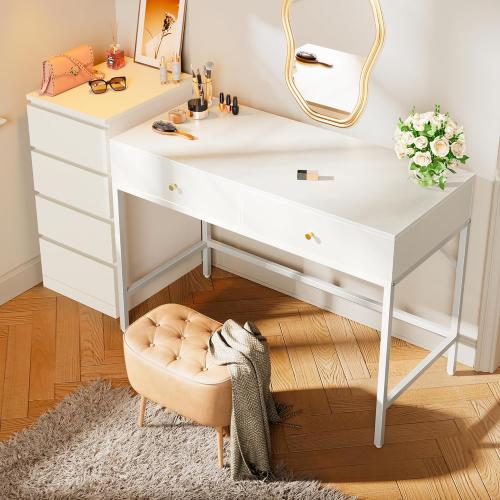 SUPERJARE Vanity Desk with Drawers, 47 inch Computer Desk, Modern Simple Home Office Desks, Makeup Dressing Table for Bedroom - White, 7997W