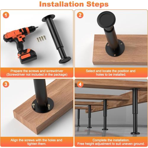 4 Pcs Adjustable Bed Center Support Legs 10-17 inch for Bed Frame/Bed Center Slat, Metal Adjustable Furniture Legs for Bed/Cabinet/Sofa/Dresser/Couch/Table,Heavy Duty Bed Replacement Legs