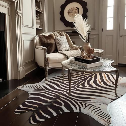 jinchan Zebra Print Area Rug Faux Skin Cowhide Animal Design Mat Faux Suede Indoor Floorcover for Bedroom Living Room 5x6 Safari Design
