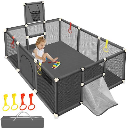 Large Baby Playpen 74''×50'', Play Pen Playards for Babies Toddlers, Ball Pit with Basketball Hoop & Soccer Nets, Kids Activity Fence Play Yard with Anti-Slip Base & Soft Breathable Mesh (Dark Grey)