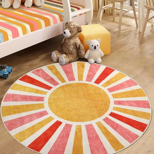 Size 4ft Classroom Rug 4Ft, Round Washable Accent Rug for Kids Colorful Sun Rainbow Throw Carpet for Living Room Soft Thin Mat Non-Slip Low Pile Circle Rug for Nursery Bedroom Playroom