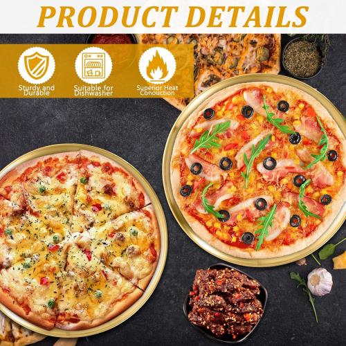 12 Pcs Pizza Pan Riser Stands Sets Includes 4 Metal Pizza Table Stands 4 Pizza Pan and 4 Wood Handle Pie Server, Pizza Rack Stand Pizza Tray for Pizza Dessert Cheese (Gold) ❗MAY HAVE MISSING PIECES❗