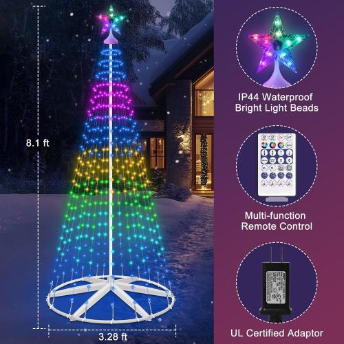 8FT Lighted Outdoor Christmas Tree Smart App Control, 388 LEDs RGB Chirstmas Cone Tree Lights Music Sync, DIY Prelit Christmas Tree Lightshow, Magical Xmas String Lights Timer Remote for Yard Decor