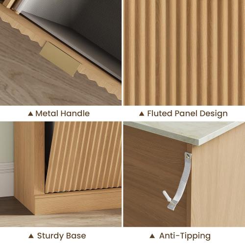 Double Tilt Out Trash Can Cabinet,20 Gallon Fluted Laundry Hamper Cabinet with 2 Drawers,Freestanding Wooden Hidden Garbage Can Cabinets with 2 Laundry Storage Basket for Kitchen,Living Room,Natural