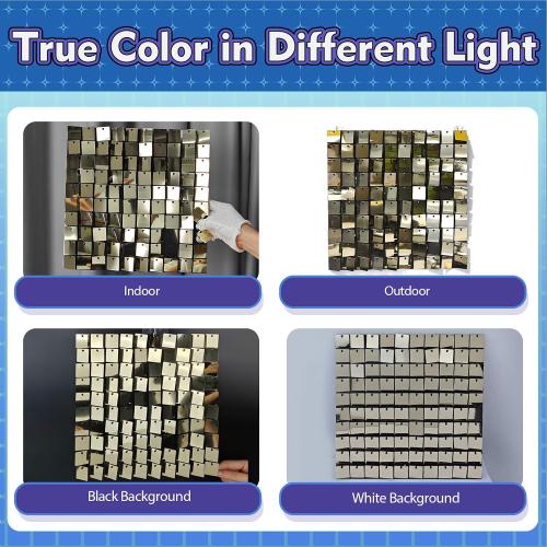 Qcity Light Gold Shimmer Wall Backdrop 36PCS | Black Back Not See-Through Design, Square Sequin Backdrop Panel, Perfect for Birthdays, Events, Wedding and Party Decor