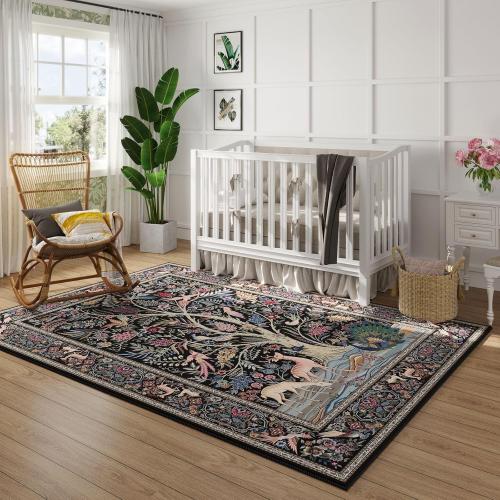 Vibrant Tree of Life-Patterned Vintage Washable Rugs Non Slip Low Pile Small Carpet for Bedroom Bedside Kids Room Office Dining Room, Black