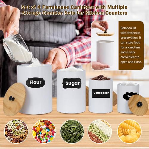 DD DEFINED DECO Kitchen Canisters for Countertop Set of 4,Textured Iron Kitchen Canisters with Airtight Lid &Labels,Marker Pen,White Iron Canister Set for Storage Containers for Coffee, Tea and Sugar
