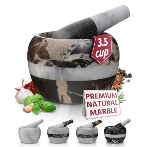 Gusto Nostro Natural Marble Mortar and Pestle Set | 6 Inch - 3.5 Cup Extra Large Mortar Pestle Set for Grinding Herbs, Nuts, Grains | Pesto Grinding and Guacamole Stone Bowl | Marble Spice Crusher