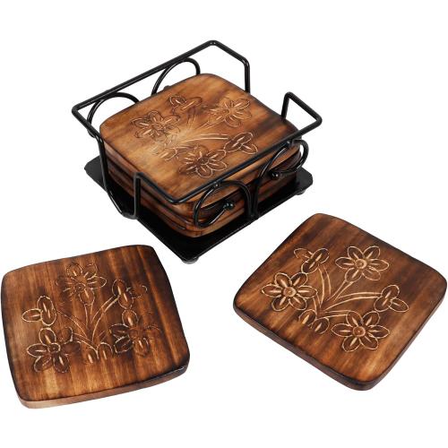 Wooden Coaster Set of 6 with Carved Flower Design on Coaster with Wrought Iron Holder for Coffee Table/Kitchen/Dining Table