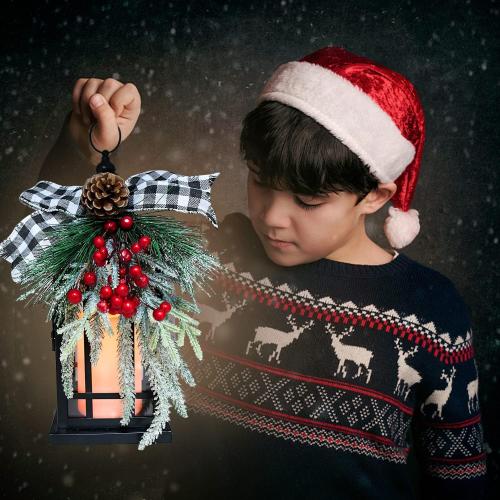 Christmas Decorative Lantern w/LED Flickering Flameless Candle - 14 Inch, Antiqued Vintage Lantern with Xmas Ornament for Outside Indoor Table Holiday Party Decorations