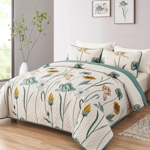 WONGS BEDDING Floral Quilt Set King,Green Yellow Printed Botanical Bedspread Bedding Set with 2 Pillowcase,Spring Summer Lightweight Farmhouse Coverlet Set for All Season (104x90)