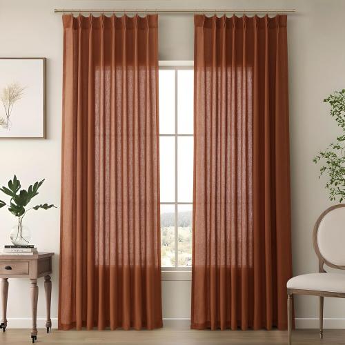 Terracotta Linen Curtains 120 Inches Long 2 Panels for Living Room Pinch Pleated Light Filtering Semi Sheer Window Curtains Boho Farmhouse Earthy Terra Cotta Rust Clay Autumn Room Decor Drapes