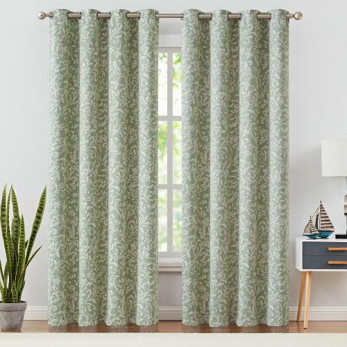 jinchan 80% Blackout Curtains for Living Room, Farmhouse Drapes with Scroll Floral Patterned for Bedroom, Grommet Top Thermal Insulated Curtains, Vintage Country Drapes 2 Panels Green