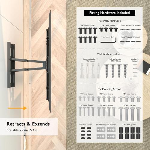 BONTEC Full Motion TV Wall Mount for 37-84 Inch TVs, Hold up to 132lbs, Max VESA 600x400mm, Swivel Tilt Dual Arms, Adjustable Viewing Angle, Fits 16 Wood Studs, Easy Assembly