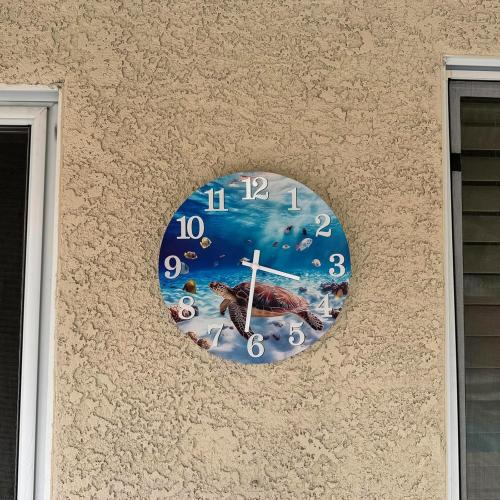 Outdoor Clocks Waterproof Outdoor Coastal Beach Ocean Wall Clocks for Patio Pool Garden Home Decor(14 Inch,Blue,Sea Turtle)