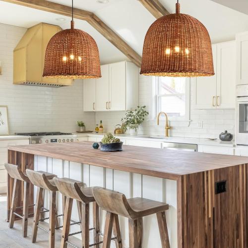 3-Light Dark Curry Rattan Pendant Light,17.7 Rustic Hanging Light,Brown Wicker Pendant Light Hand-Woven Rattan Chandelier for Workplace Restaurants Dining Living Kitchen Farmhouse
