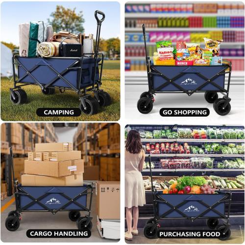 Size Large Color Blue Large Collapsible Wagon Cart Heavy Duty Foldable, Large Capacity Foldable Grocery Beach Wagon for Camping Sports Shopping, Blue