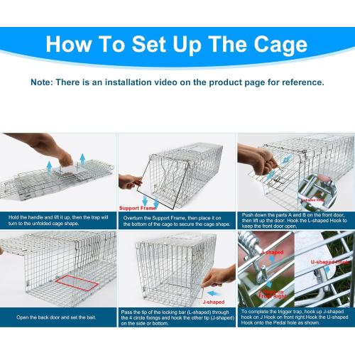 32 Live Animal Trap Cage, Heavy Duty Folding Live Animal Cage Trap for Stray Cats, Raccoons, Squirrels, Rabbits, Opossums, Groundhogs, Armadillos up to 16.5 lbs - 32 L x 11 W x 13 H