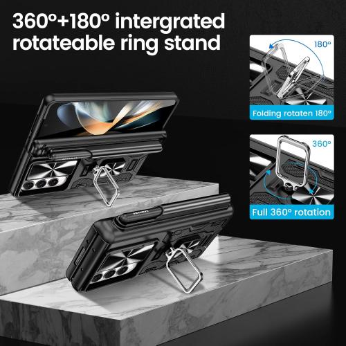 VEGO for Galaxy Z Fold 4 Case, with [S Pen Holder][Hinge Protection][360-degree Rotating Kickstand][Slide Camera Cover][Front HD Screen Protector] Protective Cover for Samsung Z Fold 4 - Black