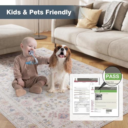 6.5x10 Durable Vinyl Rugs for Living Room, Vintage Floral Pattern for Dining Room, Bedroom, Home Office, Bobo Beige Non-Slip Large Rugs for Indoor&Outdoor RV, Deck, Backyard, Balcony,Modern Home Decor