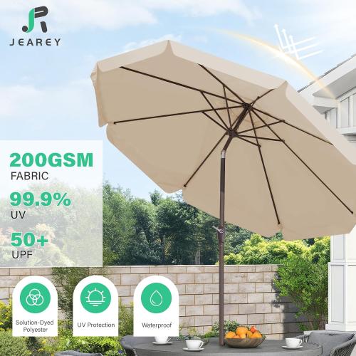 JEAREY 9' Outdoor Patio Umbrellas, Market Umbrella, Beige | 8 Sturdy Ribs, Tilt & Crank lift, Vented Canopy, Ideal for Garden, Deck, Backyard, Pool‼️missing pieces‼️