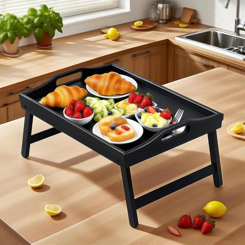 Bamboo Breakfast Tray Table with Folding Legs for Bed Table Sofa - Eating & Laptop Tray Bamboo with Folding Legs (Black)