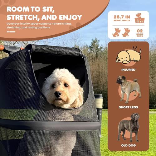 Premium Dog Stroller for Large Dogs, Pet Stroller with 5-Point Safety Harness, Foldable Dog Wagon, All-Terrain Wheels, Storage Basket & Cup Holder, Ideal for Senior & Recovering Pets, (Black & Grey)