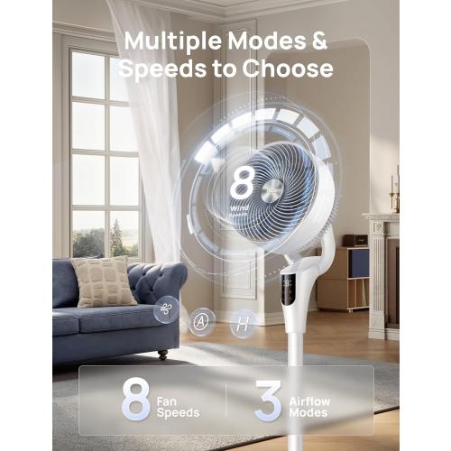 DREO Fan for Bedroom, 2026 Upgraded, 90ft Airflow, 20dB Quiet Fan, 90° Oscillating Standing Fan for Whole Room, DC Motor, 8 H Speeds, 3 Modes, 38-42'' Adjustable Height, 8H Timer, 105° Manual Vertical