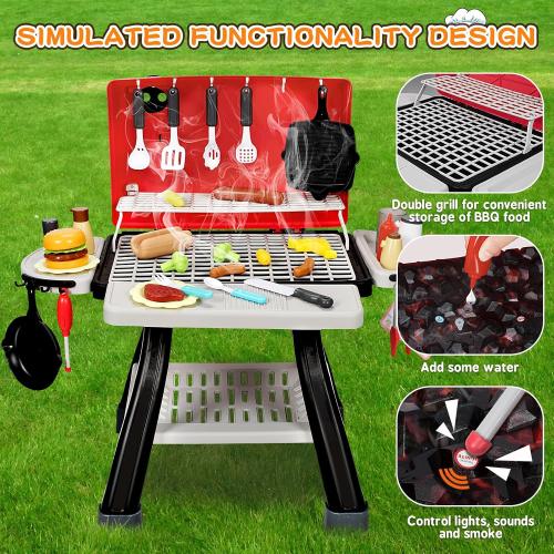 Kids Play Kitchen Toys, Kids BBQ Grill Kitchen Playset with Smoke, Sound & Light, Play Food Toys Cooking Set, 2-Layer Barbecue Outdoor Play Grill Toy Gift for Toddler Boys Girls 3-5