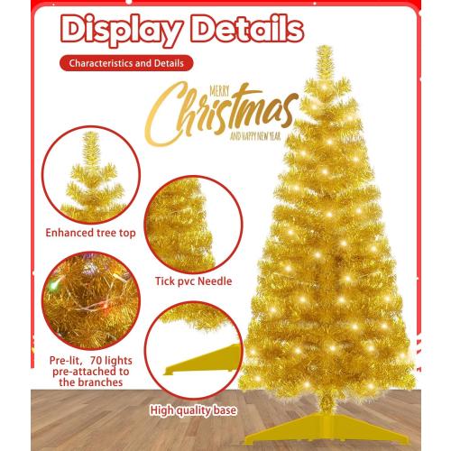 Pre-Lit Artificial Christmas Tree, Warm White Lights, Colorful Lights, Includes Stand, 4 feet (Gold)