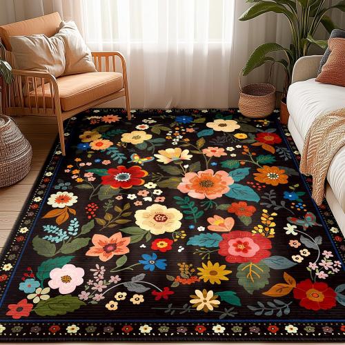 Floral 5x7 Area Rug Machine Washable Soft Print Boho Carpet Non Slip Doormat Low Pile Flower Area Rugs for Living Room Bedroom Nursery Kitchen Dining Room Indoor-Black