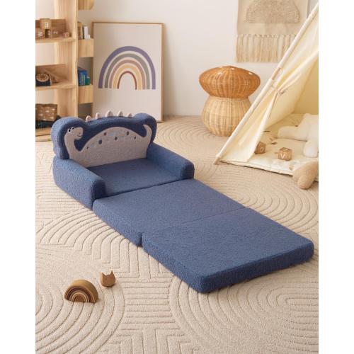 Blissful Diary Kids Couch, 2-in-1 Soft Toddler Couch Fold Out, Toddler Chair Comfy, Convertible Sofa to Lounger, Kids Furniture for Playroom, Gift for Birthday, Children's Day, Blue Dinosaur