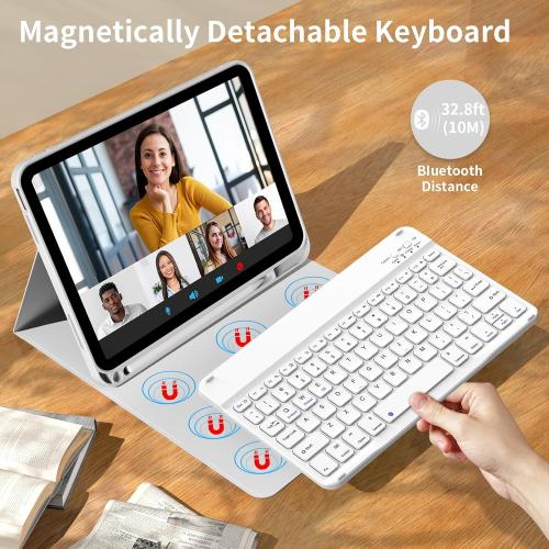 kenke for iPad 11/10th Gen Case with Keyboard 11/10.9 inch 2025 A16/2022, Detachable Wireless Bluetooth Keyboard Case Thin & Light with Built-in Left Side Pencil Holder, White Square Keycaps (Gray)