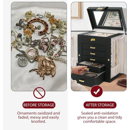 AKOZLIN Jewelry Box Organizer Functional Leather Jewelry Storage Case for Women Girls Ring Necklace Earring Bracelet Holder Organizer with Mirror Black