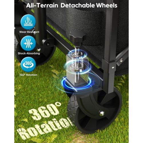 Color Black Collapsible Wagon 350 lbs, Heavy Duty Wagons Carts Foldable, Shopping Cart with All-Terrain Wheels & 2 Drink Holders, Weatherproof, Wagon Cart for Home, Outdoor,Beach,Camping, Sports, Black