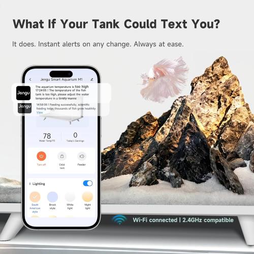 M1 5.3 Gallon Smart Fish Tank, App-Controlled Betta Aquarium Starter Kit | Integrated Lid with Auto Feeder, Full Spectrum LED, Temp Display, Dual Filtration, Quiet Pump for Desktop, White