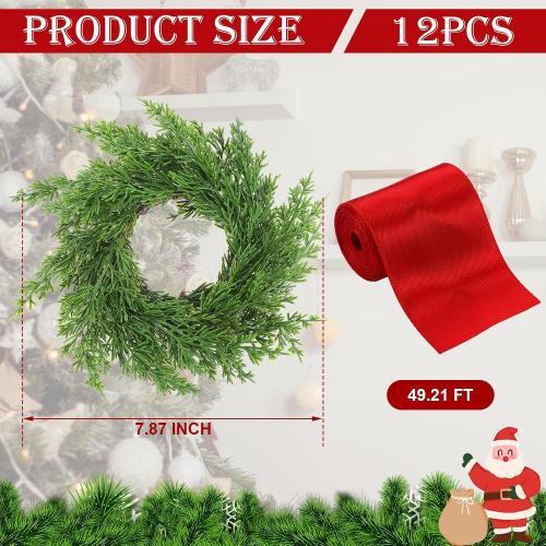 Knitgrip 12 Pcs Small Christmas Cabinet Wreaths with Ribbon, Mini Wreath for Kitchen Window Chair Backs Front Door Xmas Home Decor DIY Craft Farmhouse Holiday Decorations(Red Color,7.87 Inch)