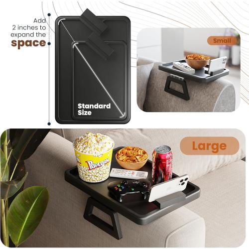 Acacia Wood Sofa Armrest Tray - Large Sofa Arm Tray Clip - Couch Arm Table for Wide Couches - Wooden Side Tables for Small Spaces for Eating and Drink (Black, Large)